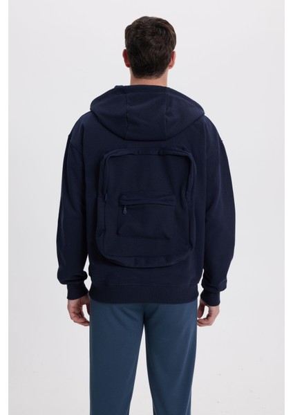 Erkek Relax Fit Rahat Kesim Pamuklu Tam Fermuarlı Kanguru Cepli sırt Çantalı Lacivert Sweatshirt
