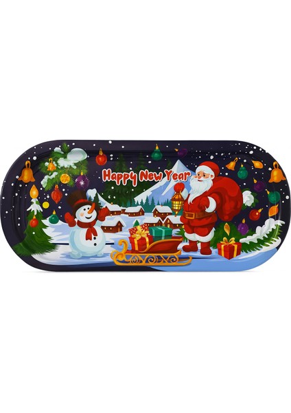 Yılbaşı Temalı Kardan Adam Noel Baba Desenli Metal Servis Sunum Tepsisi 35X15 cm