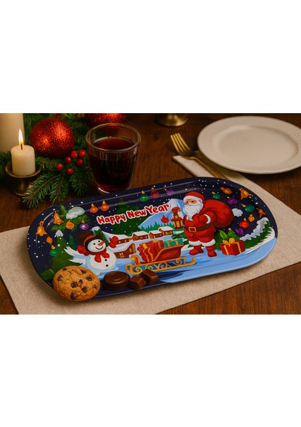 Yılbaşı Temalı Kardan Adam Noel Baba Desenli Metal Servis Sunum Tepsisi 35X15 cm fiyatları