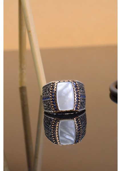 Taşlı Yanları Taş Işlemeli 925 Ayar Gümüş Erkek Yüzük fırsatları