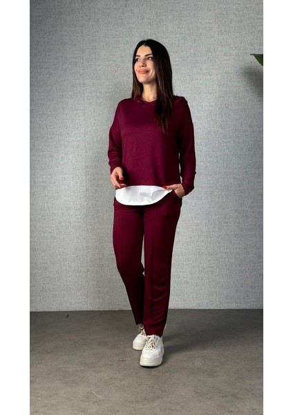 Kadın Uzun Kollu Kapşonlu Bağcıklı Viskon Iki Iplik Bluz ve Pantolon Ikili Takım