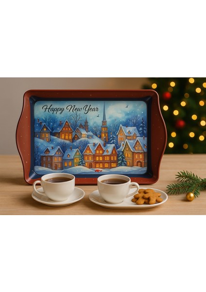 Kare Noel ve Kardan Adamlı Desenli Yılbaşı Metal Sunum Tepsisi 25X 15CM Tepsi