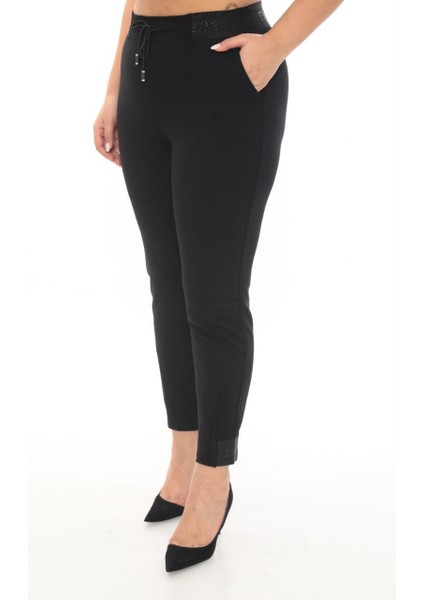 Büyük Beden Mom Lastikli Yüksek Bel Dar Paça Taş Detaylı Örme Kadın Pantolon