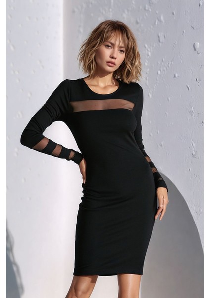 Kadın Kolları ve Yakası Tasarım Tül Detaylı Uzun Kol Kışlık Şık Elbise modelleri