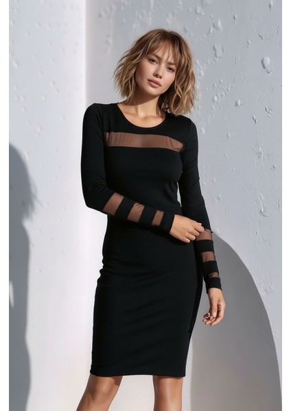 Kadın Kolları ve Yakası Tasarım Tül Detaylı Uzun Kol Kışlık Şık Elbise fırsatları