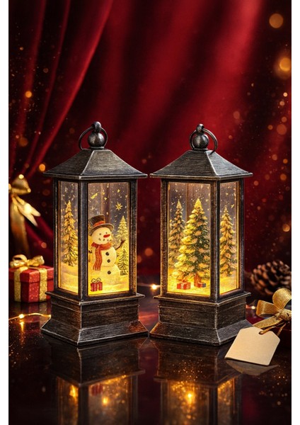 Yeni Yıl Noel Temalı 2 Li Set Işıklı Yılbaşı Feneri Kardan Adam Çam Ağacı Figürlü Fener Gri Set 14CM
