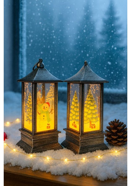 Yeni Yıl Noel Temalı 2 Li Set Işıklı Yılbaşı Feneri Kardan Adam Çam Ağacı Figürlü Fener Gri Set 14CM fiyatları