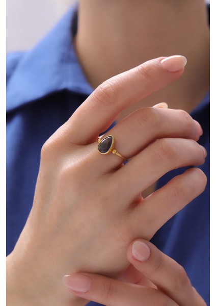 Siyah Kyanit Doğal Taşlı Zarif Gümüş Kadın Yüzük