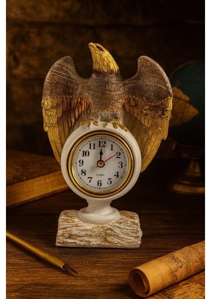 Çalışma Alanınıza Şıklık Katan Güçlü Ihtişamlı Beyaz - Altın Renkli Kartal Masa Saati Biblo 21X13 cm