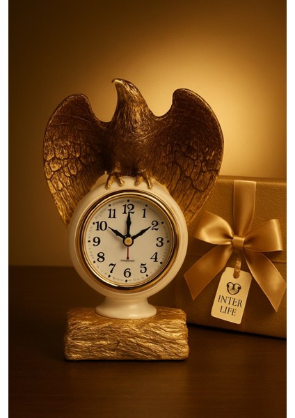 Çalışma Alanınıza Şıklık Katan Güçlü Ihtişamlı Beyaz - Altın Renkli Kartal Masa Saati Biblo 21X13 cm fiyatları