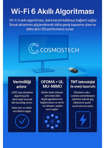 AX900 Wifi 6 & Bluetooth 5.4 USB Adaptör – 900 Mbps Çift Bant 2.4g/5g Kablosuz Alıcı, Sürücüsüz, WIN10/WIN11 Uyumlu indirimleri
