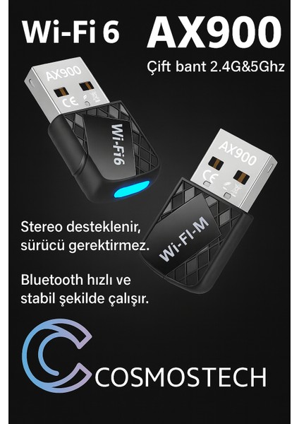 AX900 Wifi 6 & Bluetooth 5.4 USB Adaptör – 900 Mbps Çift Bant 2.4g/5g Kablosuz Alıcı, Sürücüsüz, WIN10/WIN11 Uyumlu
