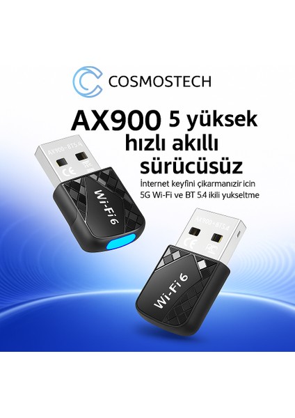 AX900 Wifi 6 & Bluetooth 5.4 USB Adaptör – 900 Mbps Çift Bant 2.4g/5g Kablosuz Alıcı, Sürücüsüz, WIN10/WIN11 Uyumlu
