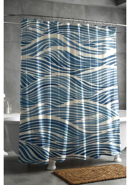 Banyo Perdesi, Mavi Dalga Desenli Duş Perdesi, Küvet Perdesi, Halka Hediyeli 175X200CM Bp-03