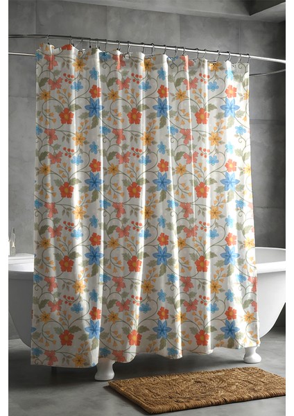 Banyo Perdesi, Eski Renkli Çiçekler Desenli Duş Perdesi Küvet Perdesi Halka Hediyeli 175X200CM Bp-26