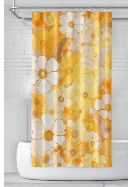 Banyo Perdesi, Sarı Papatyalar Desenli Duş Perdesi, Küvet Perdesi, Halka Hediyeli 175X200CM Bp-37