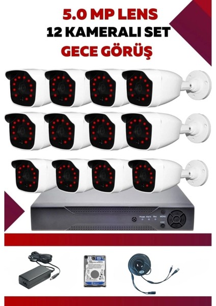 12 Kameralı Hd Set - 5mp Sony Lensli Full Hd Renkli Görüşlü Güvenlik Kamerası Sistemi