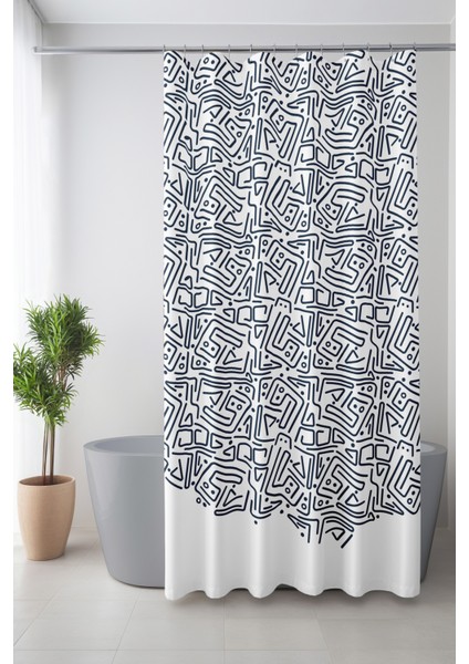 Banyo Perdesi, Mavi Izler Desenli Duş Perdesi, Küvet Perdesi, Halka Hediyeli 175X200CM Bp-49