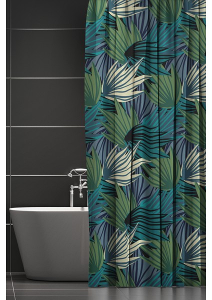 Banyo Perdesi, Tropik Çiçek Gölge Desenli Duş Perdesi, Küvet Perdesi, Halka Hediyeli 175X200CM Bp-76