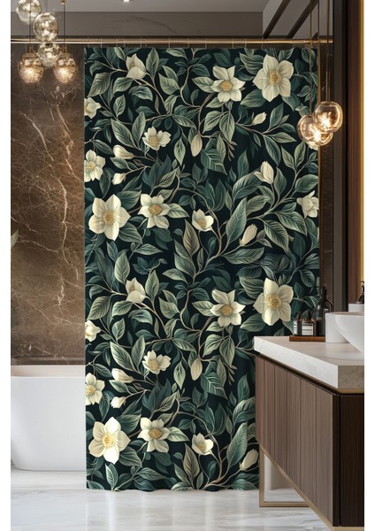Banyo Perdesi, Gece Çiçeği Desenli Duş Perdesi, Küvet Perdesi, Halka Hediyeli 175X200CM Bp-55
