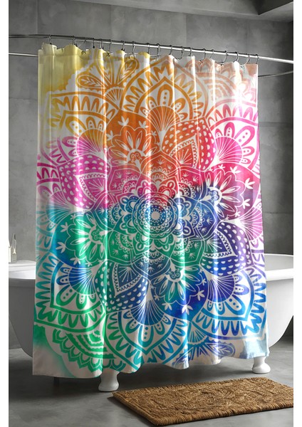 Banyo Perdesi, Mandala Desenli Duş Perdesi, Küvet Perdesi, Halka Hediyeli 175X200CM Bp-27