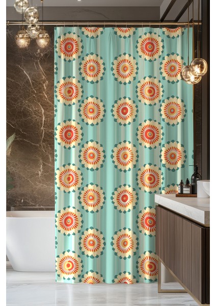 Banyo Perdesi, Turkuaz Bahar Desenli Duş Perdesi, Küvet Perdesi, Halka Hediyeli 175X200CM Bp-41