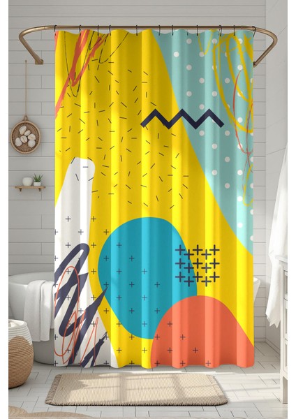Banyo Perdesi, Canlı Şekiller Desenli Duş Perdesi, Küvet Perdesi, Halka Hediyeli 175X200CM Bp-61