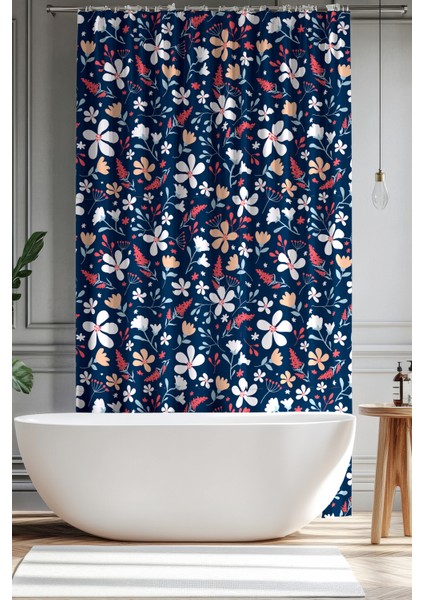 Banyo Perdesi, Lacivert Bahar Çiçeği Desenli Duş Perdesi, Küvet Perdesi, Halka Hediyeli 175X200CM