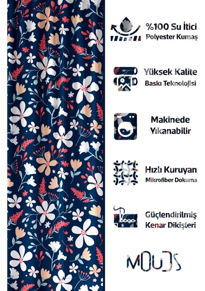 Banyo Perdesi, Lacivert Bahar Çiçeği Desenli Duş Perdesi, Küvet Perdesi, Halka Hediyeli 175X200CM fiyatları