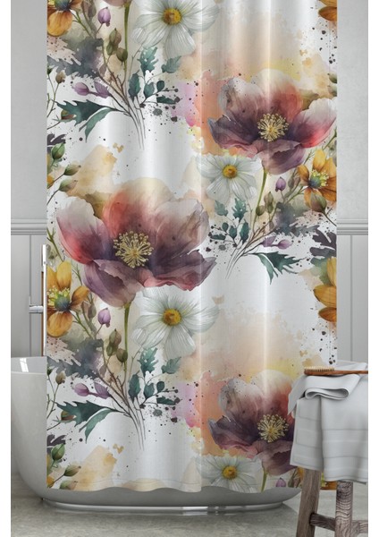 Banyo Perdesi, Çiçek Harmonisi Desenli Duş Perdesi, Küvet Perdesi, Halka Hediyeli 175X200CM Bp-81