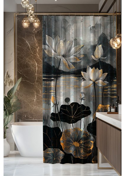 Banyo Perdesi, Lotus Işıltısı Desenli Duş Perdesi, Küvet Perdesi, Halka Hediyeli 175X200CM Bp-90