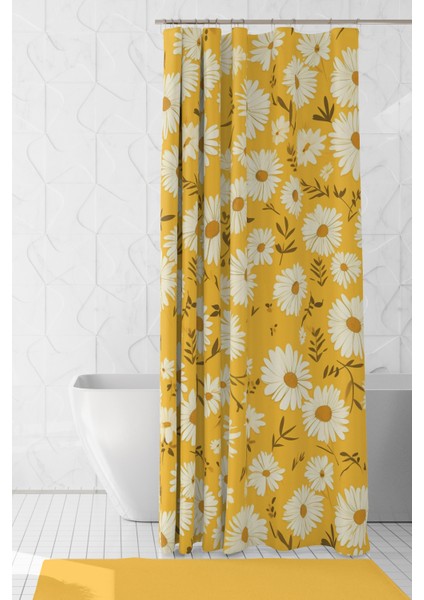 Banyo Perdesi, Papatya Güneşi Desenli Duş Perdesi, Küvet Perdesi, Halka Hediyeli 175X200CM Bp-95