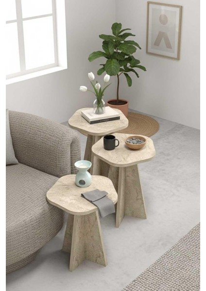 Falez Zigon Sehpa Dekoratif 3'lü Çok Amaçlı Yan Sehpa Çiçek Formlu Traverten