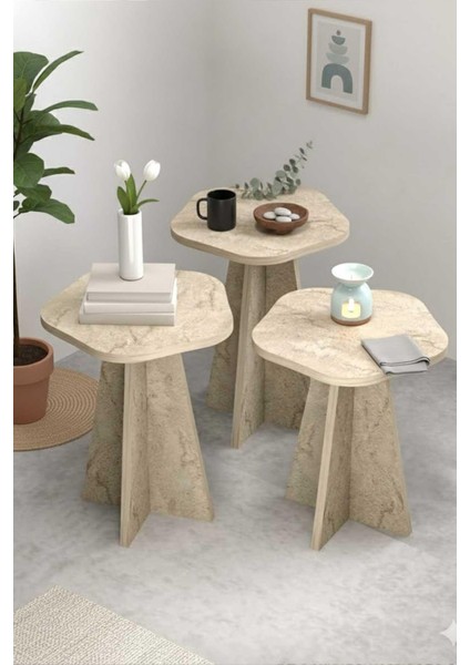 Falez Zigon Sehpa Dekoratif 3'lü Çok Amaçlı Yan Sehpa Çiçek Formlu Traverten fırsatları