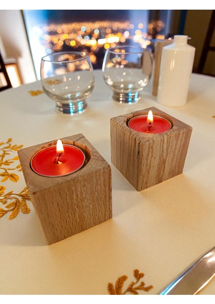 Ahşap Doğal Dekoratif Mumluk Şamdan 2'li Kare Takım