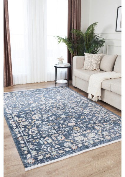 Rustik 2224 Klasik Vintage Salon Mavi Country Mutfak Halısı Tozumaz Yumuşak Makine Halısı