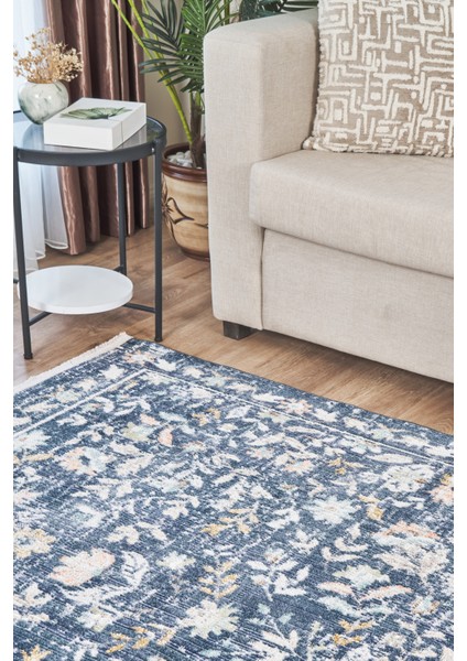 Rustik 2224 Klasik Vintage Salon Mavi Country Mutfak Halısı Tozumaz Yumuşak Makine Halısı fiyatları