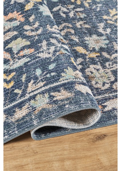 Rustik 2224 Klasik Vintage Salon Mavi Country Mutfak Halısı Tozumaz Yumuşak Makine Halısı modelleri