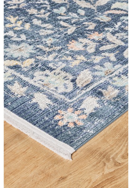 Rustik 2224 Klasik Vintage Salon Mavi Country Mutfak Halısı Tozumaz Yumuşak Makine Halısı fırsatları