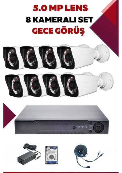 8 Kameralı Hd Set - 5mp Sony Lensli Full Hd Gece Görüşlü Güvenlik Kamerası Sistemi
