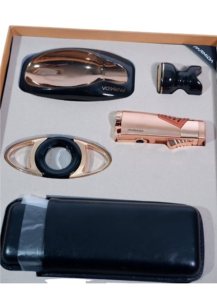 Parmida Çakmak Kesici Küllük Kılıf Sehpa Beşli Siyah - Gold Puro Seti