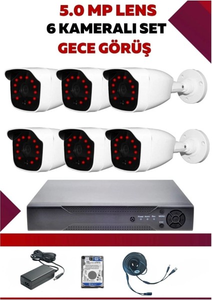 6 Kameralı Hd Set - 5mp Sony Lensli Full Hd Gece Görüşlü Güvenlik Kamerası Sistemi