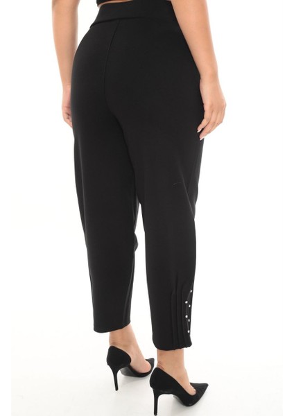 Büyük Beden Mom Yüksek Bel Paça Taş Detaylı Örme Kadın Pantolon modelleri
