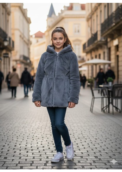Beli Lastik Detaylı Kapüşonlu Peluş Kız Çocuk Çok Kullanışlı Trend Mont