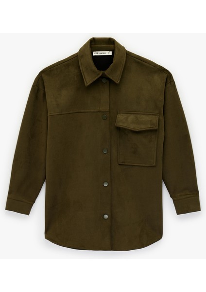 Cep Detaylı Düğmeli Uzun Kollu Klasik Yaka Süet Görünümlü Gömlek