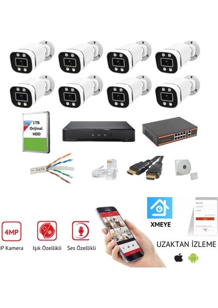 8 Kameralı 4mp Gece Renkli Poe+Sesli Ip Kamera Seti