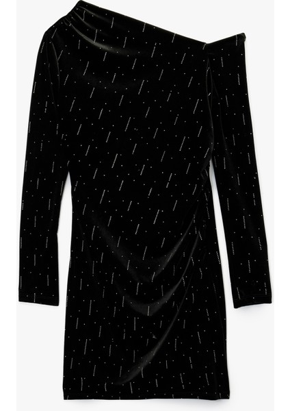 Slim Fit Uzun Kollu Taşlı Tek Omuz Mini Kadife Elbise