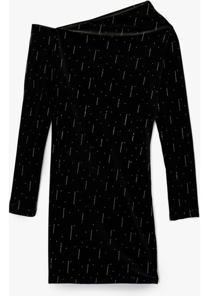 Slim Fit Uzun Kollu Taşlı Tek Omuz Mini Kadife Elbise fiyatları