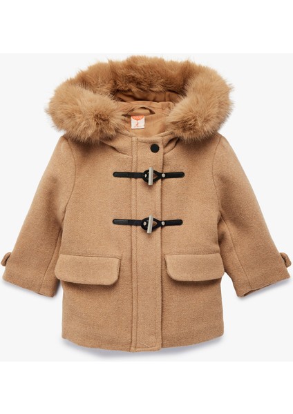 Uzun Kollu Yün Karışımlı Kapaklı Cepli Kapşonlu Kaban