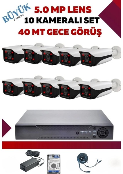 10 Kameralı Hd Büyük Kasa Set - 5mp Sony Lensli Full Hd Gece Görüşlü Güvenlik Kamerası Sistemi